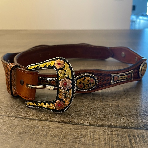 Nocona Accessories - Nocona Distressed Western Rodeo Floral Studded Handtooled Leather Belt Size XL